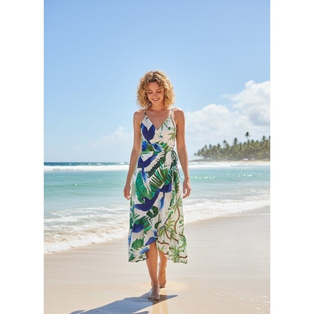 NWT FARM Rio Mixed Palm Wrap Midi in White Blue Parrot Bird Tank Dress XS